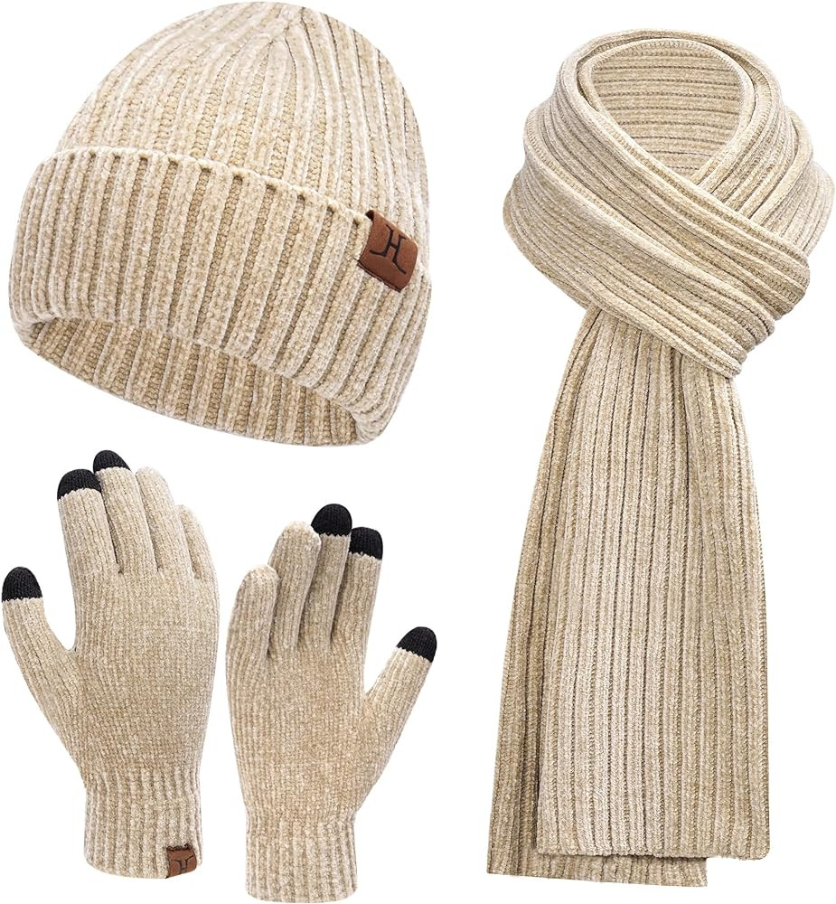 Womens Winter Knit Warm Hat Beanie Long Scarf Touch Screen Gloves Set Skull Caps Neck Scarves for... | Amazon (US)