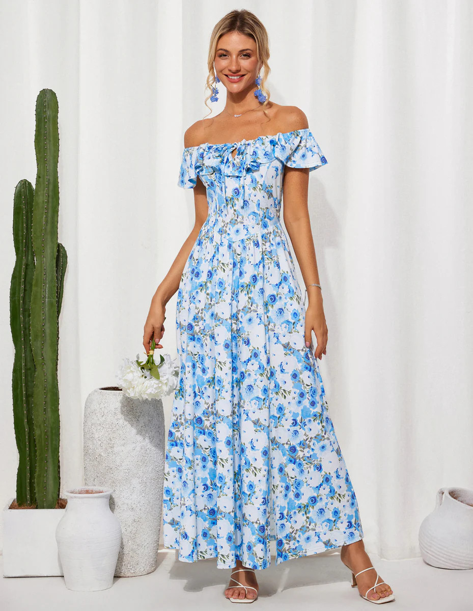 Women's Elastic Waist Off Shoulder Ruffle Maxi Dress | GRACE KARIN