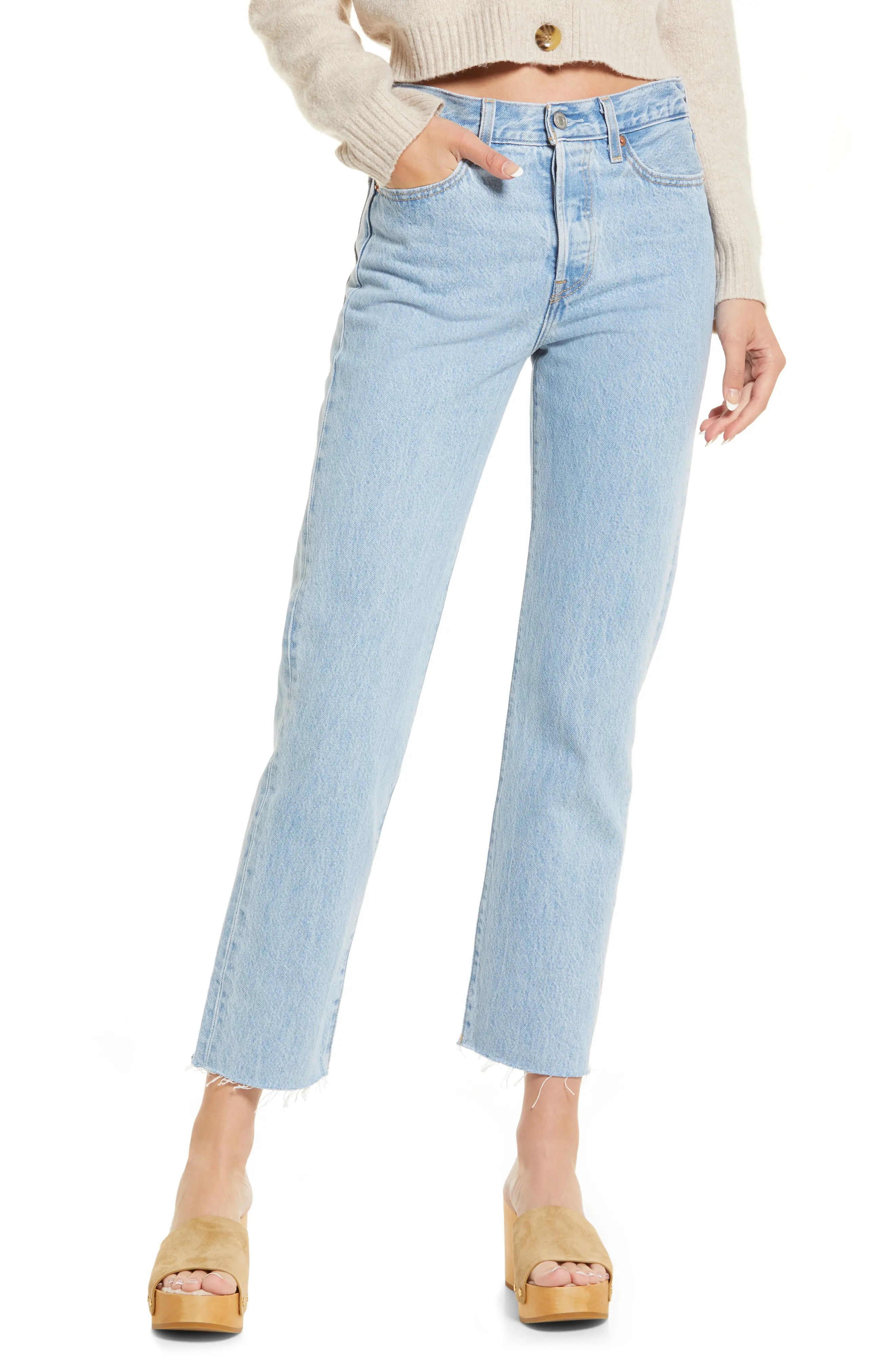 levi's Wedgie High Waist Raw Hem Crop Straight Leg Jeans in Luxor Empire at Nordstrom, Size 31 X 28 | Nordstrom