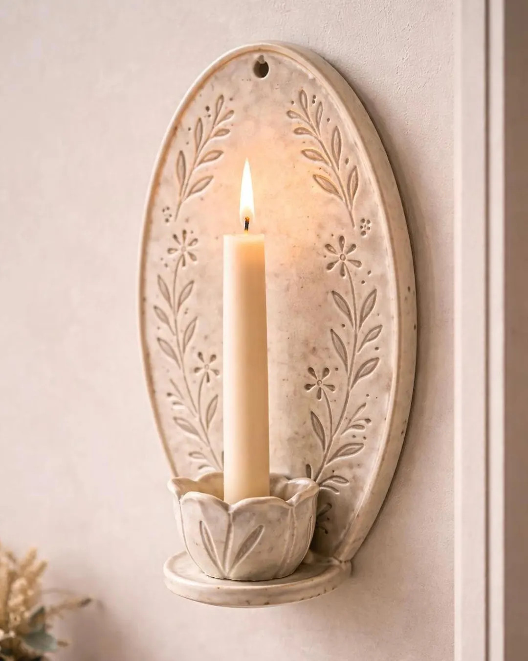 Ceramic Wall Candle Holder, Handmade Wall Sconce, Floral Taper Candle Holder, Farmhouse Wall Deco... | Etsy (US)