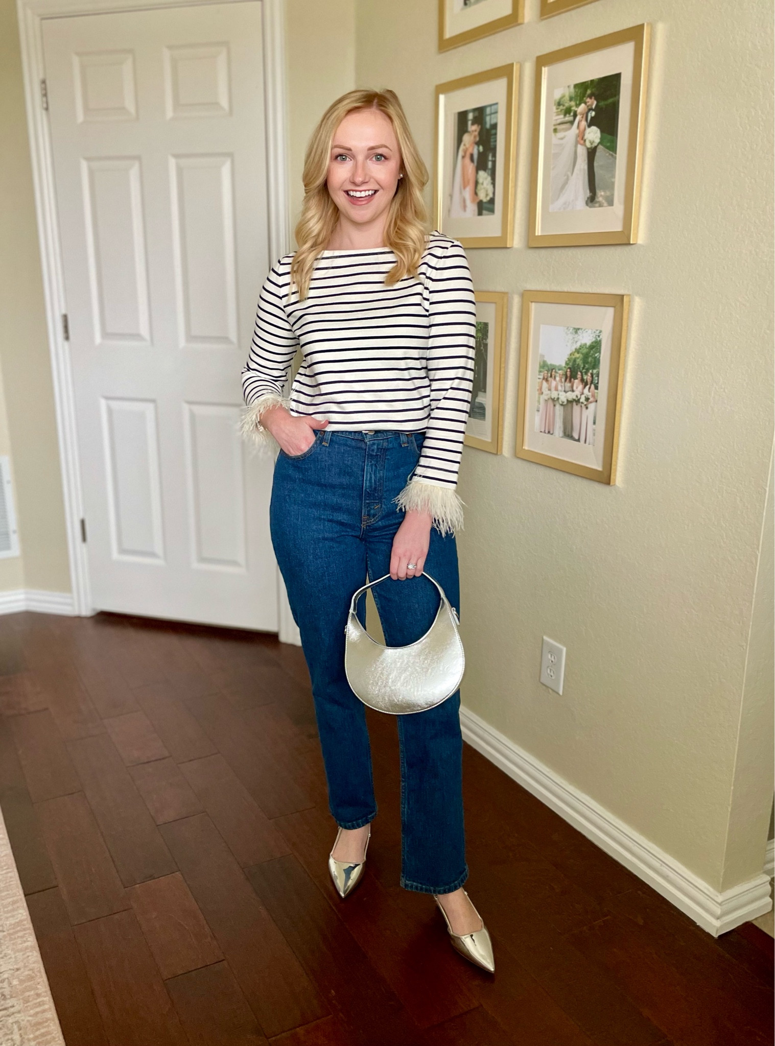 Wearing a XS in top and 26S in jeans. Shoes run true to size | silver shoes, silver shoes outfit, kitten heels, feather top, winter outfit, date night outfit 

#LTKSeasonal #LTKsalealert #LTKstyletip