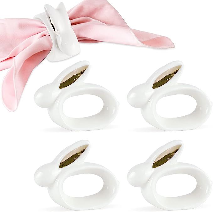 Set of 4 Porcelain Rabbit Easter Napkin Rings- White Bunny Napkin Ring Gold Ears Bunny Ceramic Na... | Amazon (CA)