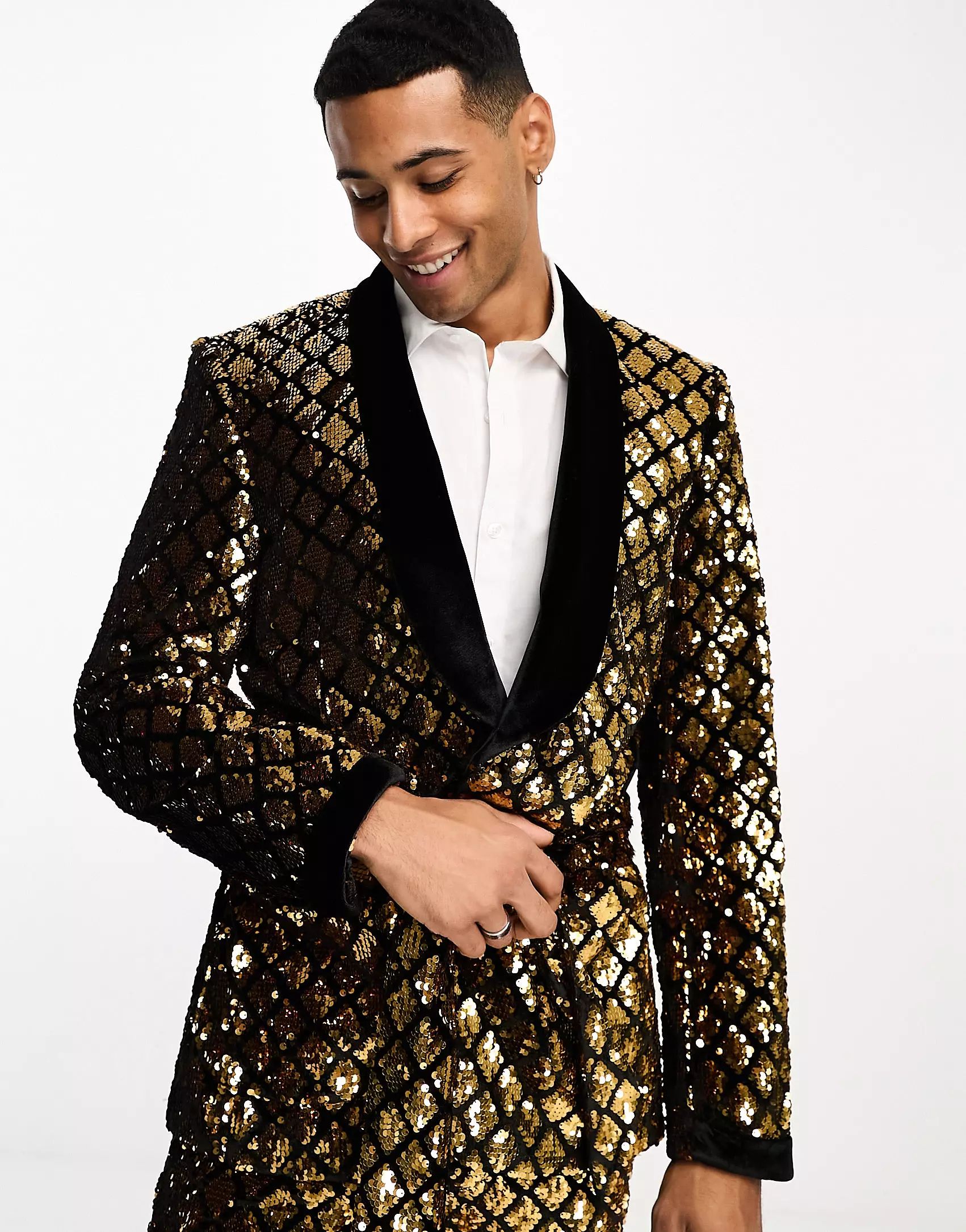 ASOS DESIGN skinny smoking suit jacket in diamond sequin in gold | ASOS (Global)