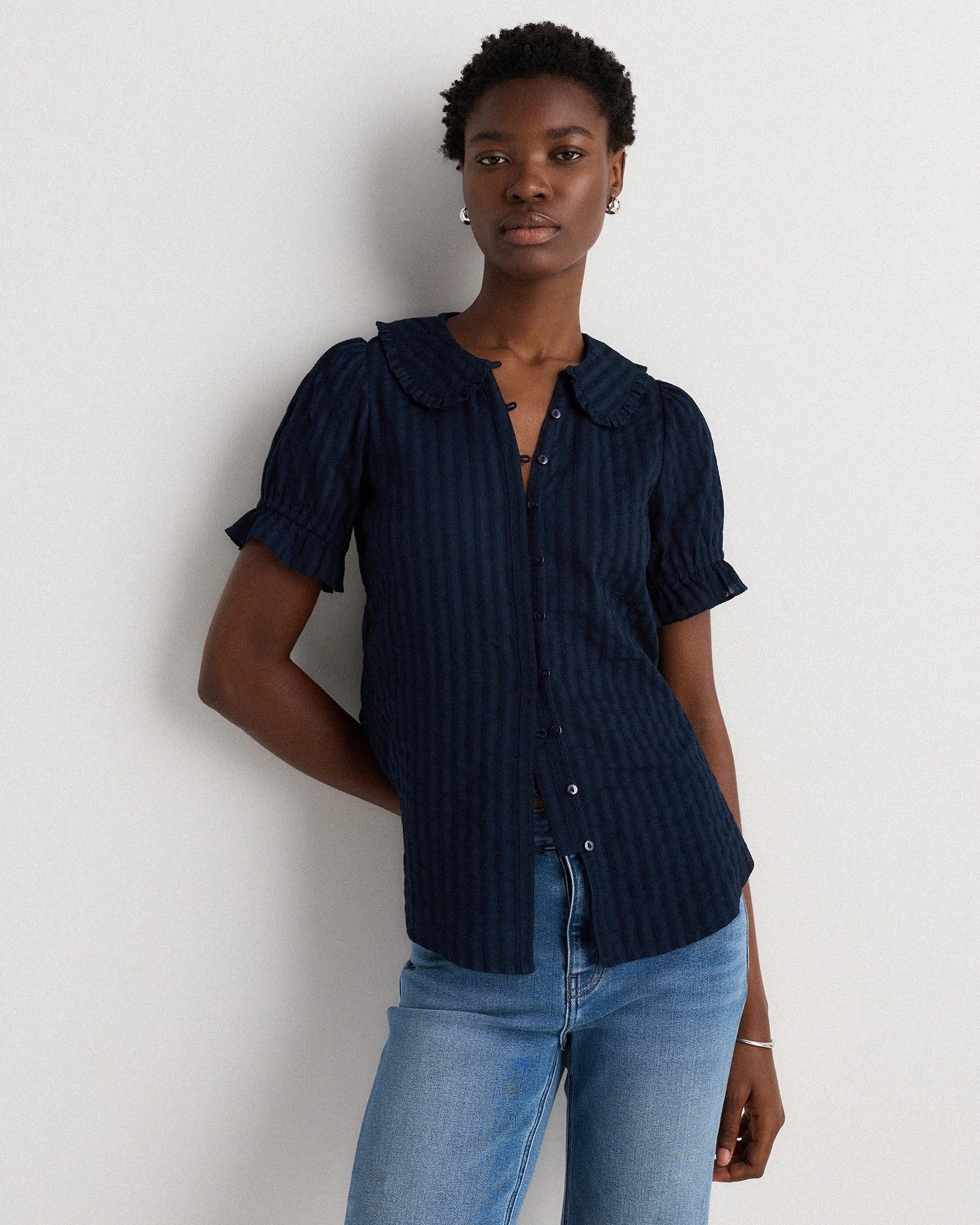 Embroidered Cotton Ruffle Collar Short Sleeve Blouse | Quince