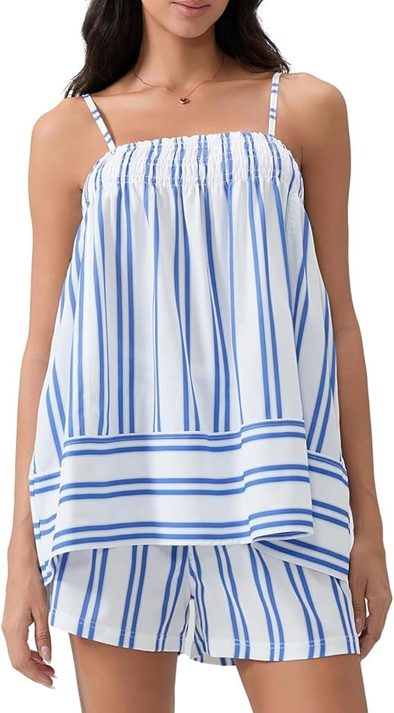 Women 2 Piece Lounge Set Striped Pajama Set Ruffle Hem Cami Tops and Stripe Boxer Shorts Pj Set S... | Amazon (US)