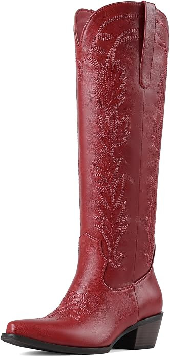 femflame Black Cowboy Boots for Women Knee High Boots with Pointed Toe Chunky Heel Pull On Zipper... | Amazon (US)