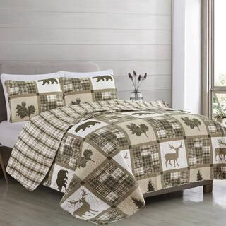 Green/Taupe Twin Lodge Patchwork 2-Piece Microfiber Quilt Set Bedspread | The Home Depot