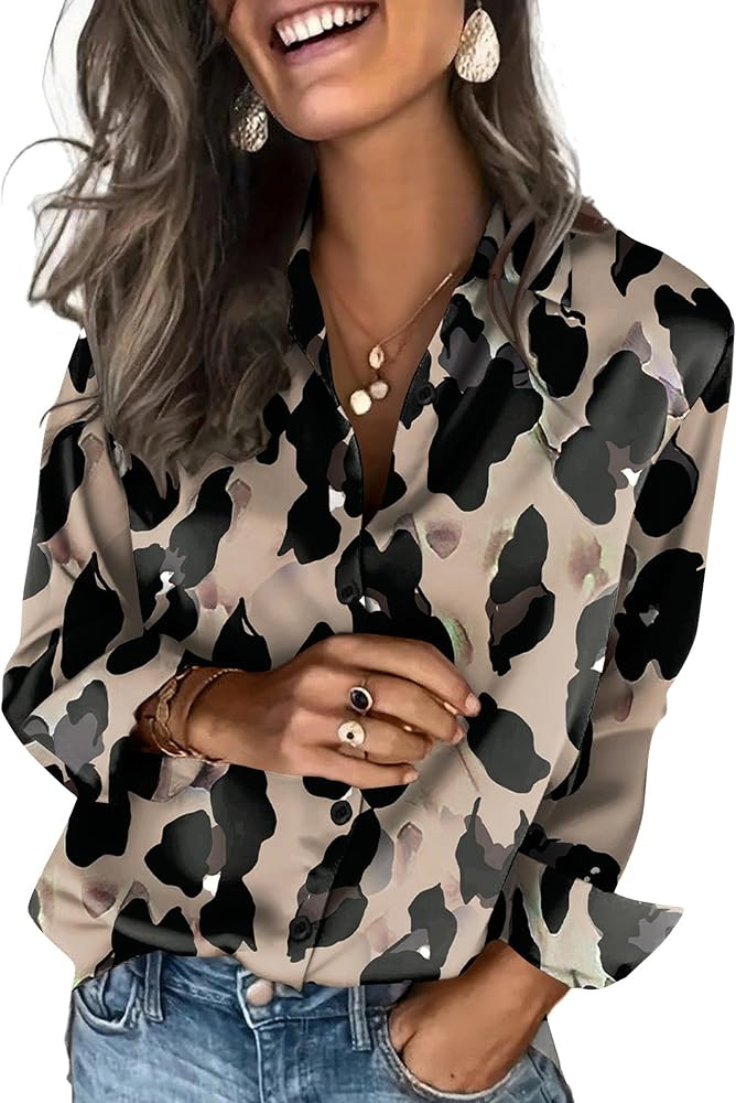 Amazon.com: Zeagoo Womens Long Sleeve Blouses Silk Button Down Shirts Long Sleeve Business Casual... | Amazon (US)