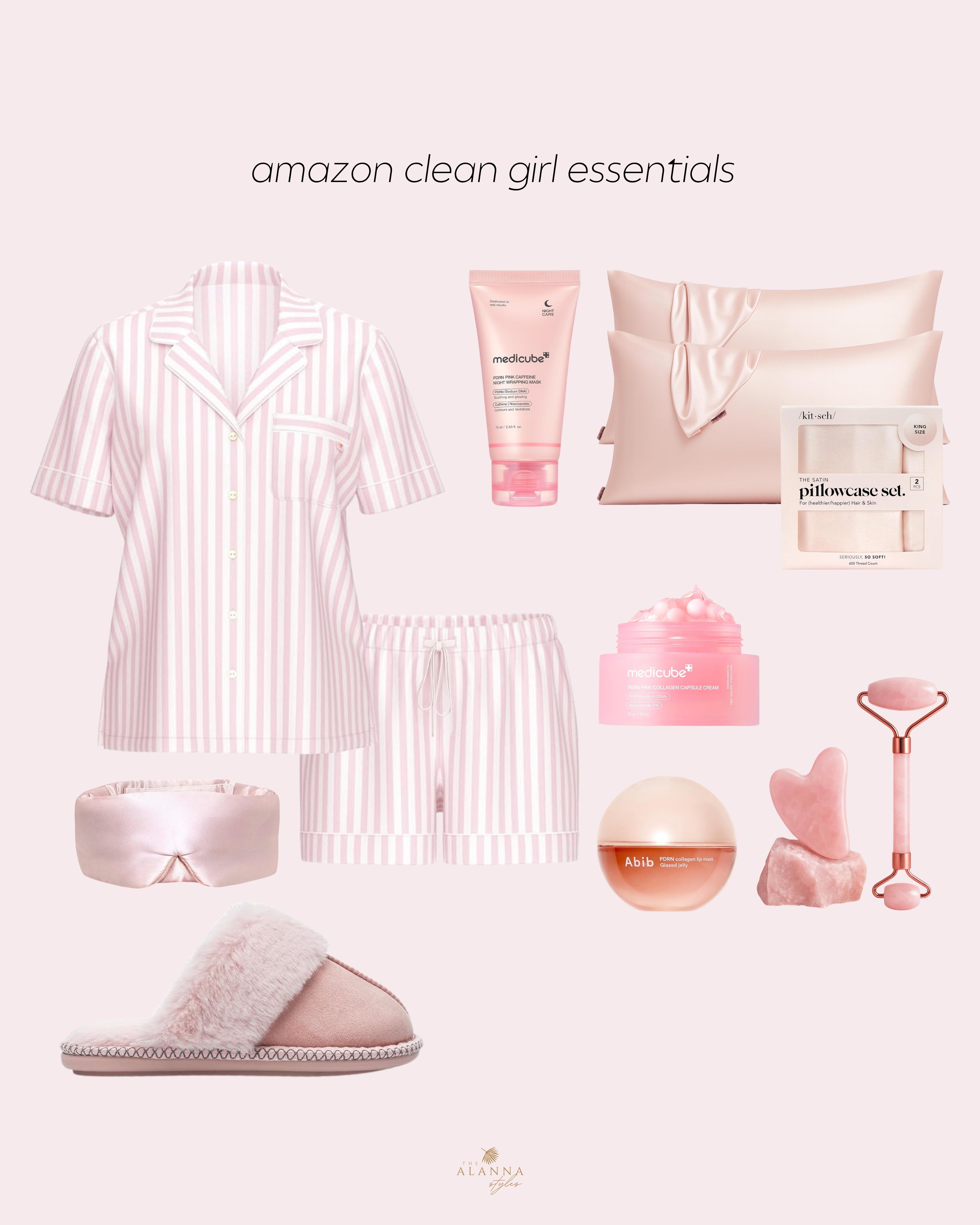 nighttime reset. 🎀🌙 found the most darling pink essentials on amazon for the ultimate "clean girl" wind-down routine. from these cozy striped pjs and satin pillowcases to my favorite medicube collagen line, these pieces make getting ready for bed feel like a total dream. 

\#cleangirlaesthetic #amazonbeauty #pajamas #selfcareroutine #pinkaesthetic #restock #nighttimeroutine 

 #LTKselfcare