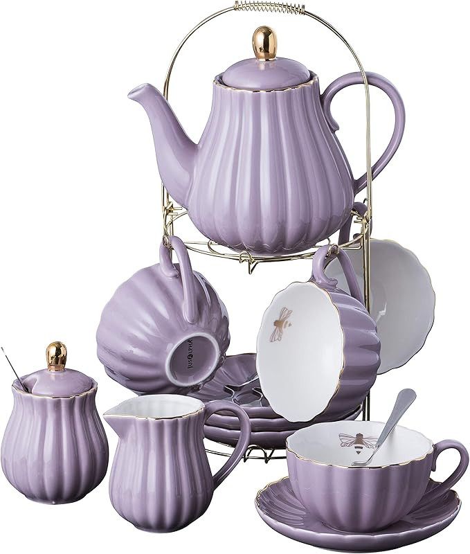 Jusalpha Fine China 8 OZ Purple Coffee Cup/Teacup, Saucer, Spoons, Teapot and Creamer Set, 17-Pie... | Amazon (US)