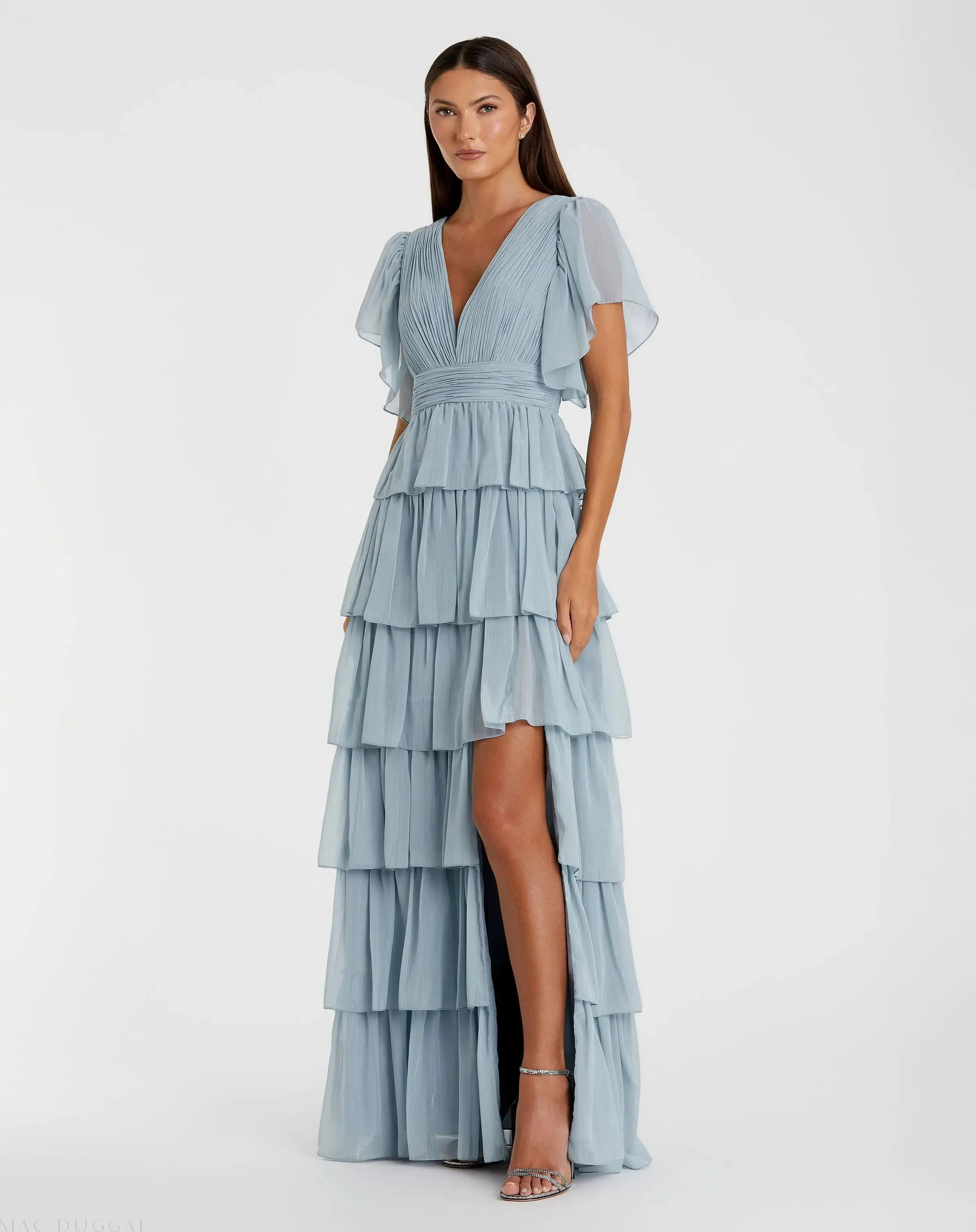 Blue Flutter Sleeve Ruffle Tiered Gown - Mac Duggal | Mac Duggal