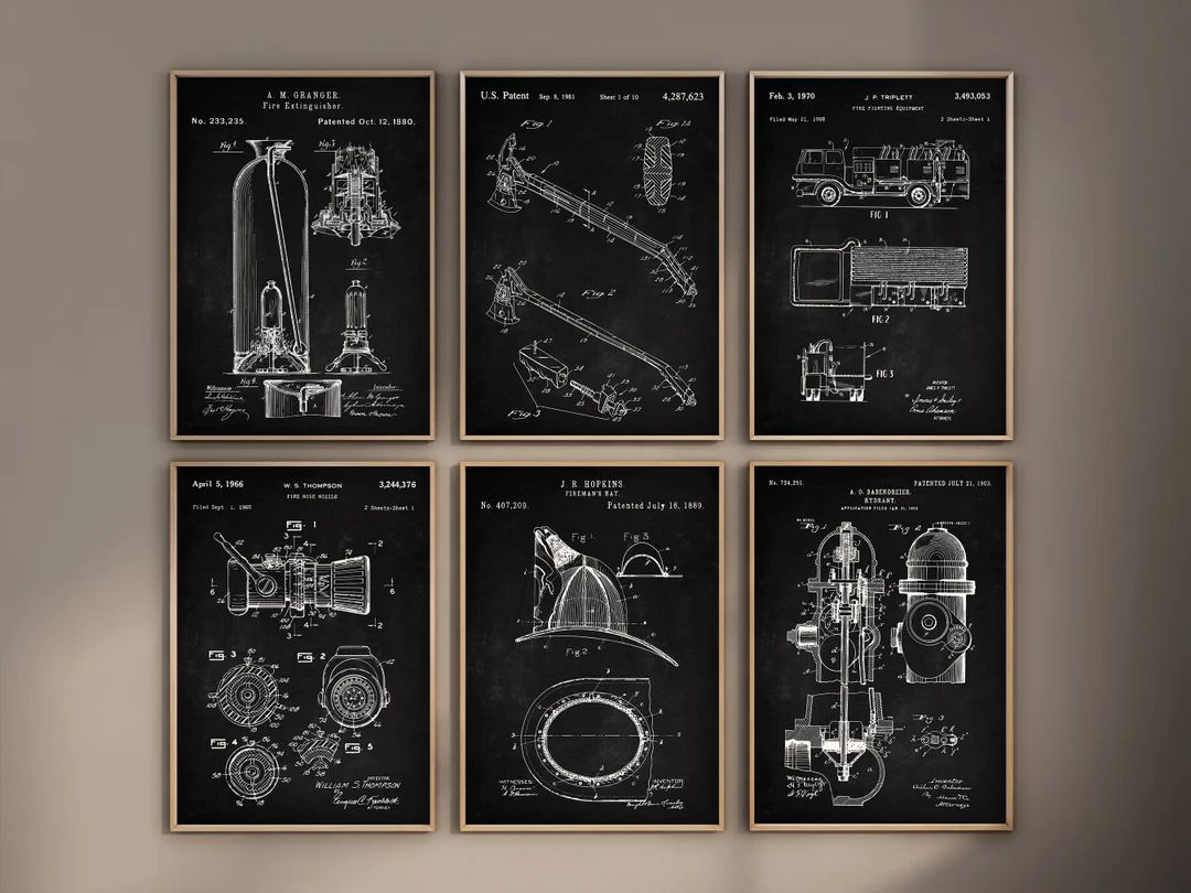 Firefigher Patent Prints, Set of 6, Firefigher Prints, Firefigher Wall Art, Firefigher Truck Blue... | Etsy (US)