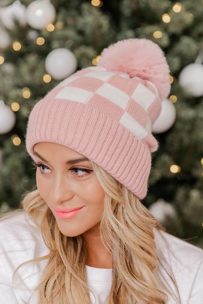 Rosy Cheeks Pink Checkered Beanie | Pink Lily