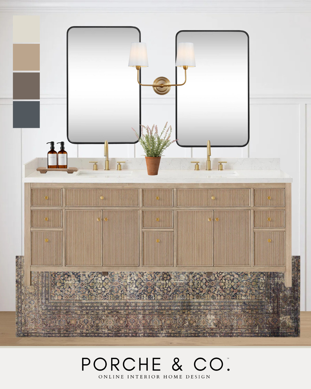 ✨ Neutral Bathroom Vanity Goals ✨
This curated collection by Porche & Co blends modern farmhouse style with timeless details. The fluted wood double vanity, brass hardware, and minimalist black framed mirrors create the perfect neutral bathroom mood board. The vintage-inspired rug grounds the space, while the wall sconce lighting adds that designer touch.

🪞 Perfect inspo if you’re looking for:

Neutral bathroom ideas

Double vanity styling

Transitional bathroom design

Timeless + modern finishes

Shop this Porche & Co. curated collection 🛒:
✅ Fluted wood vanity
✅ Brass faucet + pulls
✅ Matte black mirrors
✅ Vintage runner rug
✅ Minimalist wall sconces
✅ Countertop accessories

This setup balances classic + modern vibes and makes it easy to recreate a Pinterest-worthy bathroom.

✨ Do you want to bring our dreamy Modern Classic style interior design into your own home? 🏡 You’re in luck! Reserve our Online Interior Design packages today -> https://porcheandco.com/edesign ✨ We can’t wait to work with you & design your home with #porcheandco

#PorcheAndCo #PorcheCoCurated #CuratedCollection #MoodBoardDesign #BathroomMoodBoard #BathroomInspo #NeutralBathroom #FlutedVanity #TimelessDesign #ModernFarmhouseBathroom #PinterestWorthyBathroom 

 #LTKHome #LTKStyleTip
