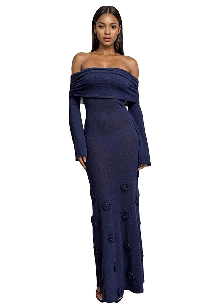 LETSVDO Women's Off The Shoulder Crochet Maxi Dress Long Sleeve Bodycon 3D Floral Knit Mesh Sweat... | Amazon (US)