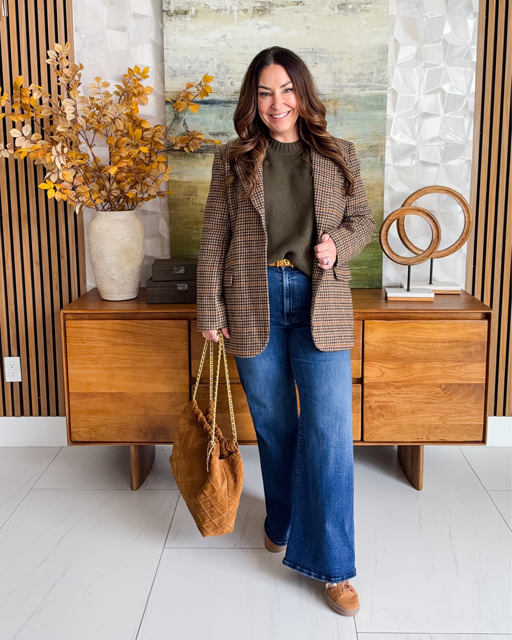 Easy fall layers 🍂 Love this classic blazer paired with wide-leg denim and warm brown accessories. Such an easy polished fall outfit for work or weekends.
Sweater tts, L | Jeans tts, 31 | Jacket  

 #LTKSeasonal #LTKOver40 #LTKMidsize