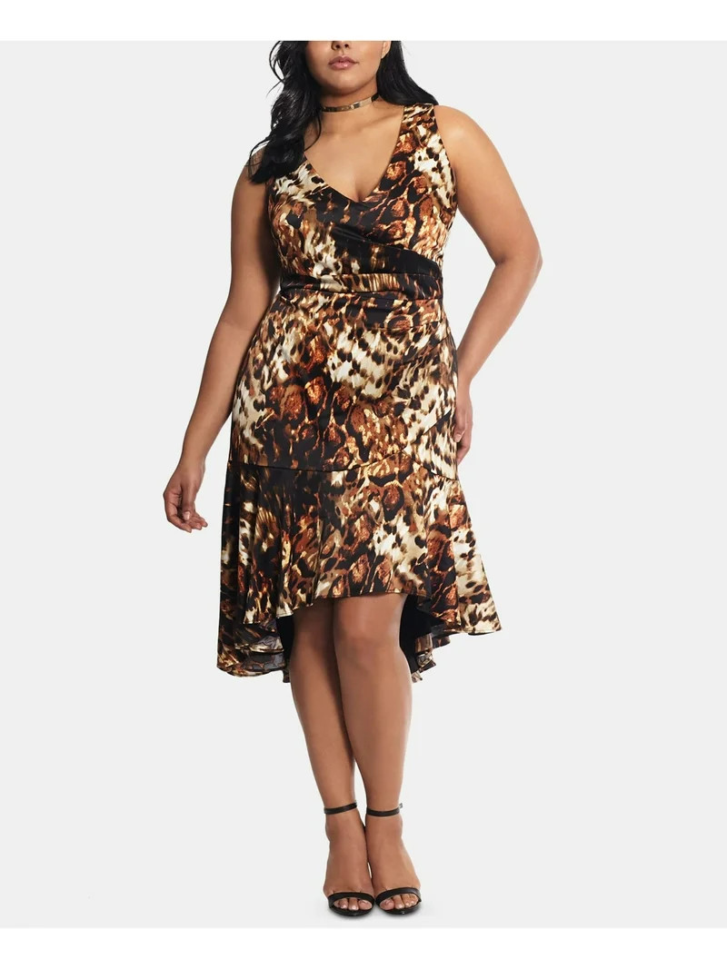 XSCAPE Womens Brown Ruffled Animal Print Sleeveless V Neck Midi Cocktail Sheath Dress Plus 22W | Walmart (US)