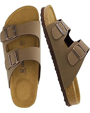 CUSHIONAIRE Lane Cork Footbed Mens Sandals, Adjustable Buckle Comfort Slides for Men, Genuine Lea... | Amazon (US)