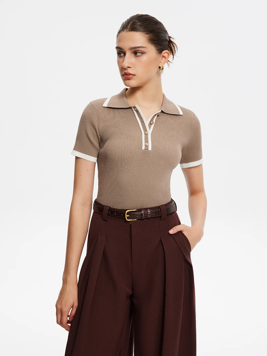 Contrast Trim Metal Button Knit Top | Commense