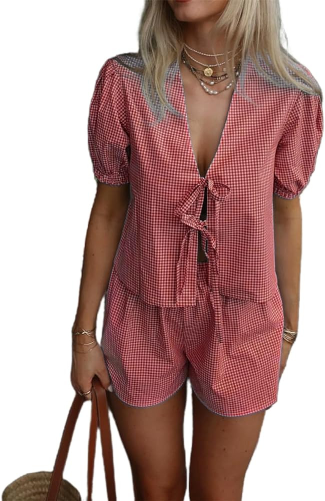 Yuemengxuan Women Y2k Peplum Shirt Shorts Set Two Piece Lounge Set Pajamas Sets Puff Sleeve Tie F... | Amazon (US)