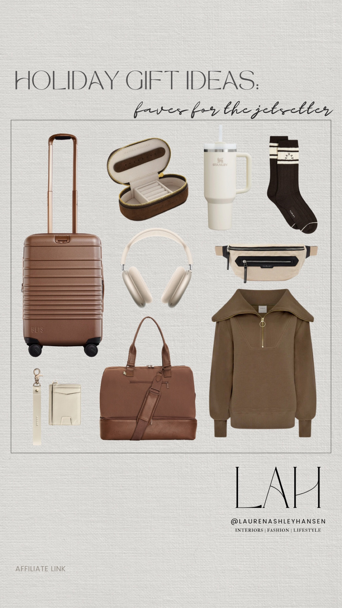 A holiday gift guide for the jetsetter! My favorite pieces to travel in are my Varley cozies! They’re comfortable and warm, while still allowing you to feel put together. Beis has changed the travel game! I love this brown maple color and you can use code EARLY25 to save on their website! Other essentials I love too! 

#LTKStyleTip #LTKGiftGuide #LTKHoliday