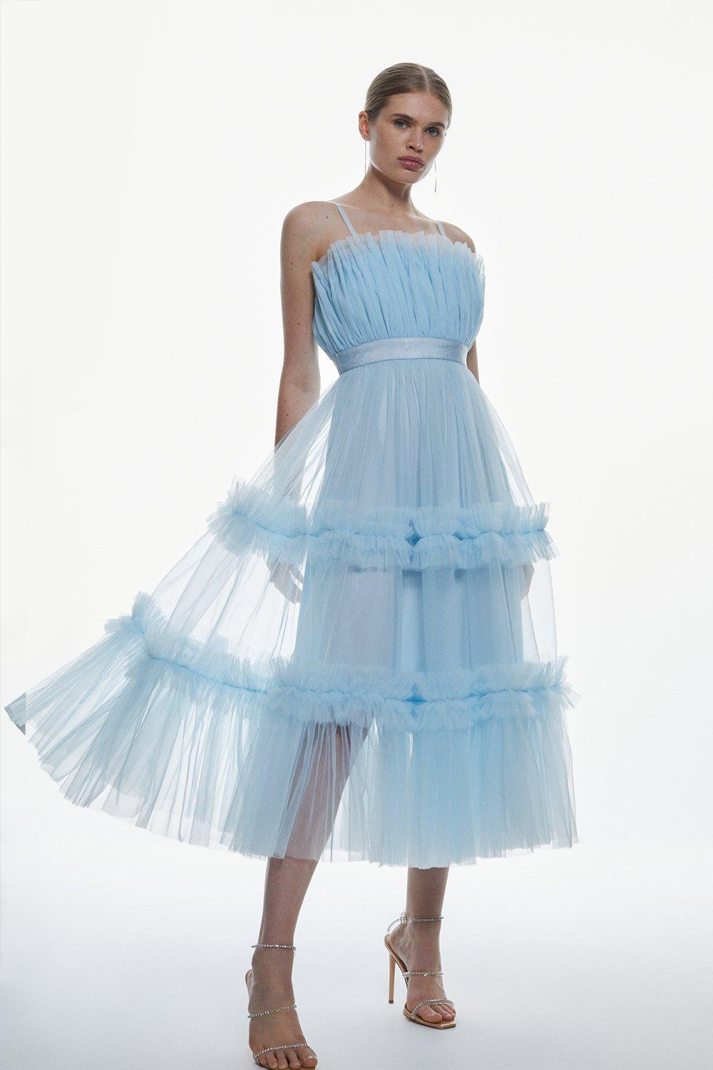 Tulle Bandeau Tiered Midi Dress | Karen Millen US
