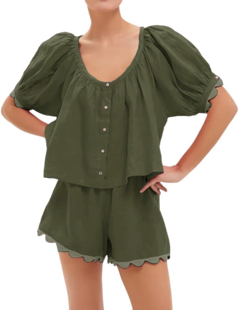 VAOYIU Women's Casual Elegance Two-Piece Linen Outfit Set with Scalloped Hem Summer Round Neck Pu... | Amazon (US)