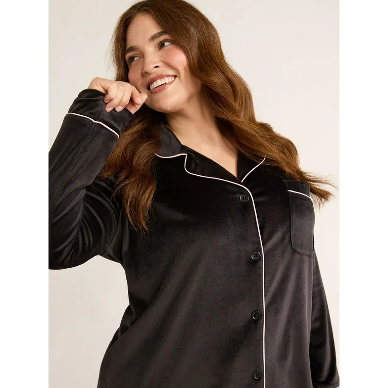 Joyspun Women's Velour Notch Collar Top and Pants Pajama Set, 2-Piece, Sizes S-3X - Walmart.com | Walmart (US)