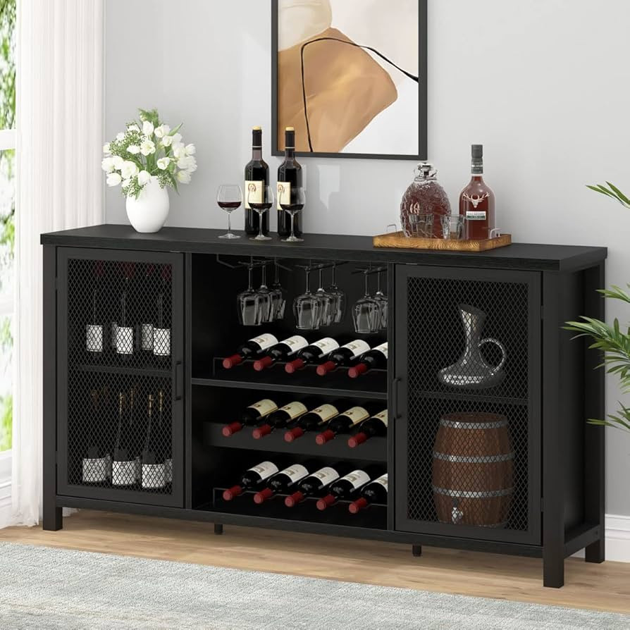 IBF Black Coffee Bar Cabinet, Liquor Cabinet with Wine Rack Storage, Industrial Kitchen Buffet Ca... | Amazon (US)