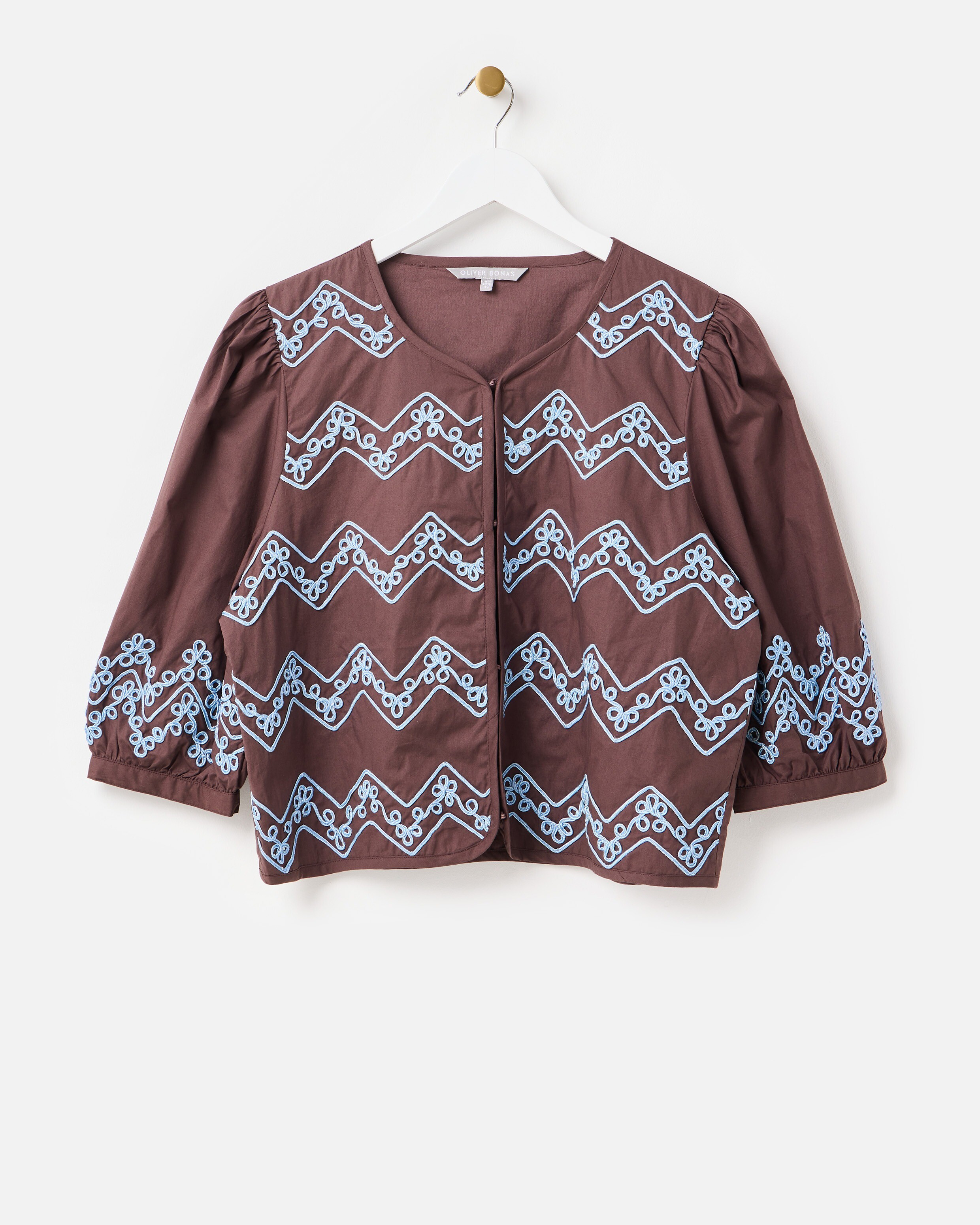 Chocolate Brown & Blue Embroidered Puff Sleeve Top | Oliver Bonas | Oliver Bonas (Global)