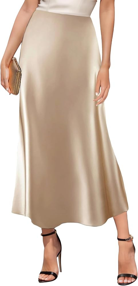 GOLDSTITCH Women's Satin High Waist Skirts Elegant Flared Casual A Line Maxi Skirt | Amazon (US)