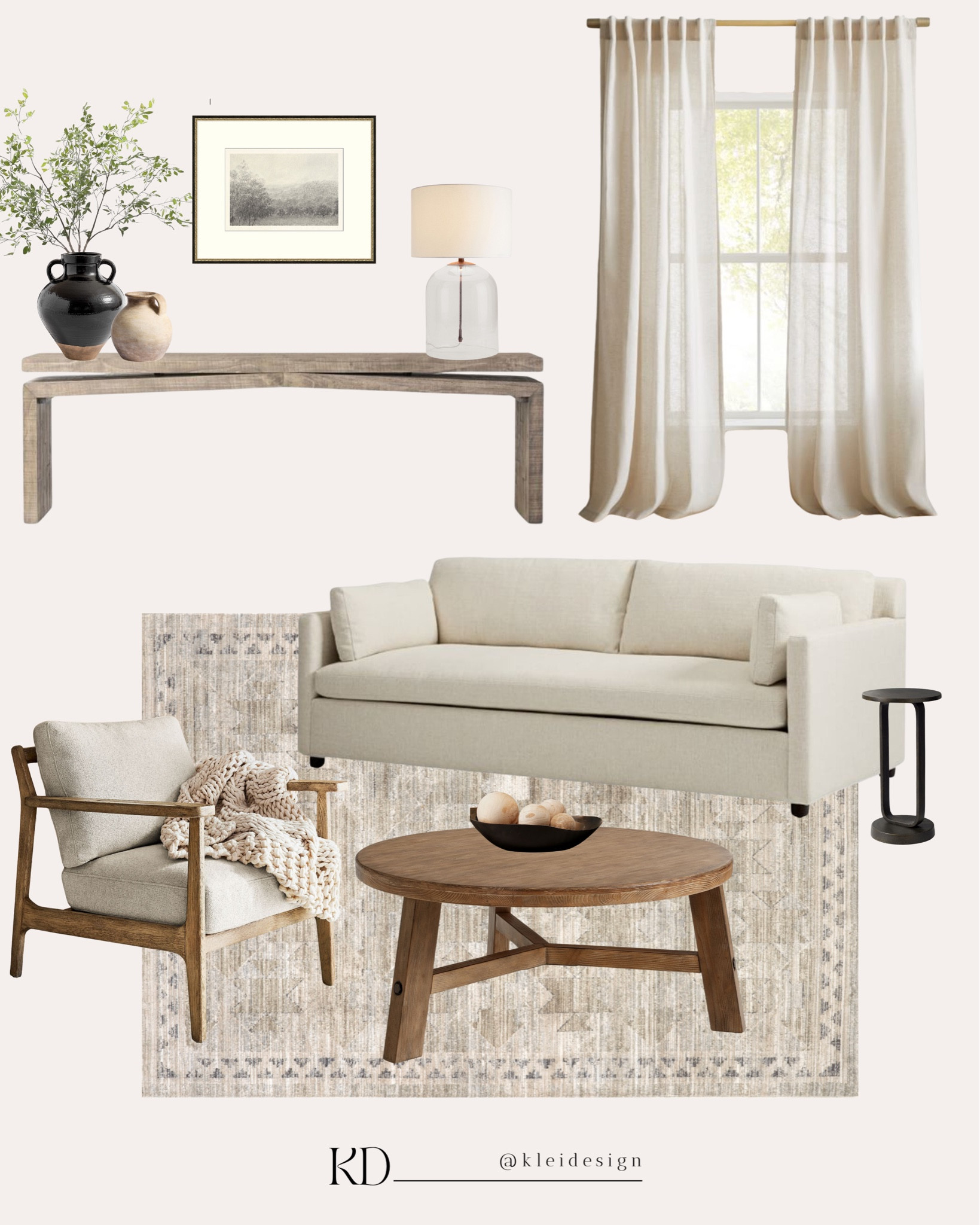 Neutral farmhouse room inspo! Get inspired by this neutral room styling featuring a cream linen sofa and wood framed upholstered chair. The round wood coffee table really pulls in the farmhouse style along with the light wood toned console table. Light and airy sheer curtains soften the space and filter the sunlight. 
•••
Room Inspo, deco inspo, living room styling, living room design, living room furniture, neutral furniture, wood furniture, linen couch, linen chair, large vases, table lamp, drapery, curtains, room inspo, design inspo 

#LTKHome