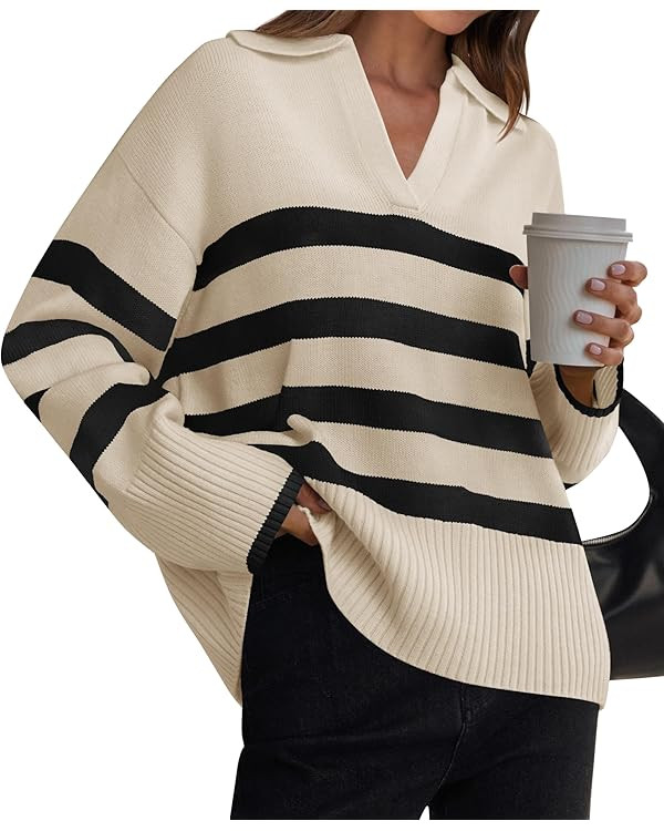 ZESICA Women's 2025 Fall Winter Sweaters Lapel V Neck Long Sleeve Striped Chunky Knit Oversized P... | Amazon (US)