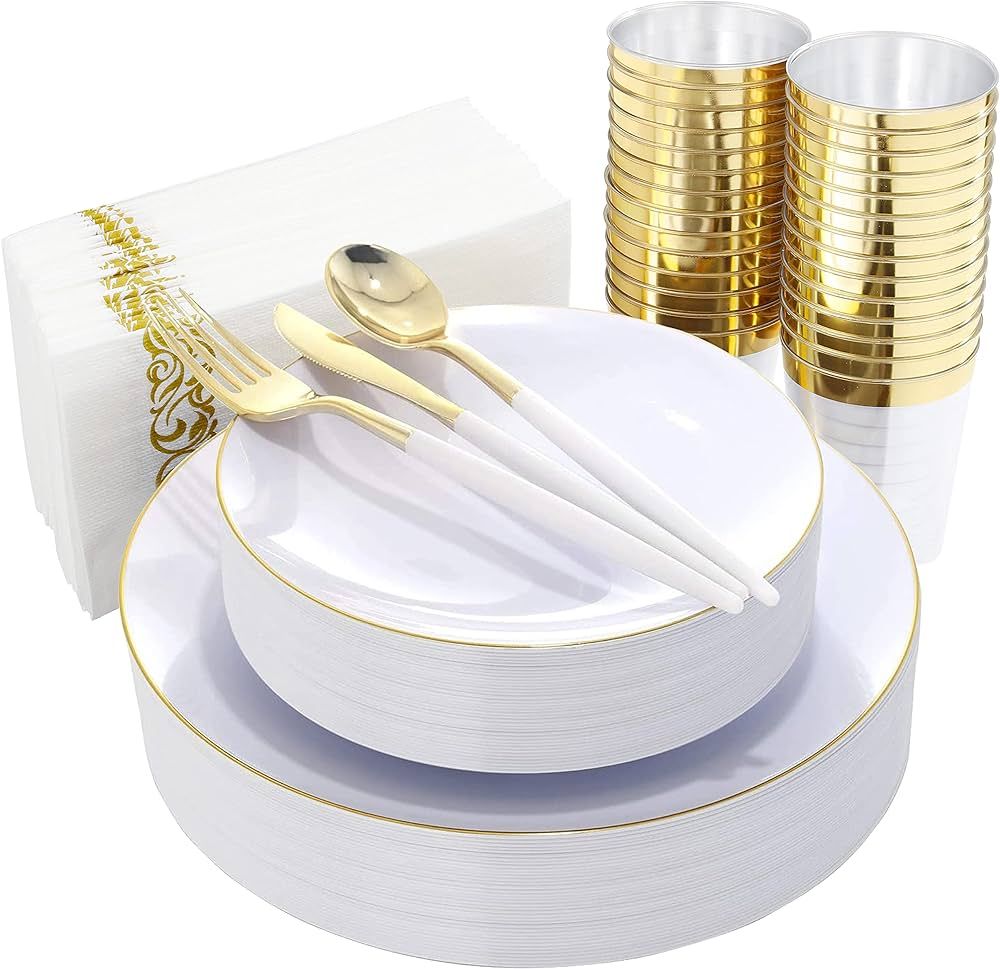 Nervure 140PCS White and Gold Plastic Plates & Disposable Gold Plastic Plates - 20 Dinner Plates,... | Amazon (US)