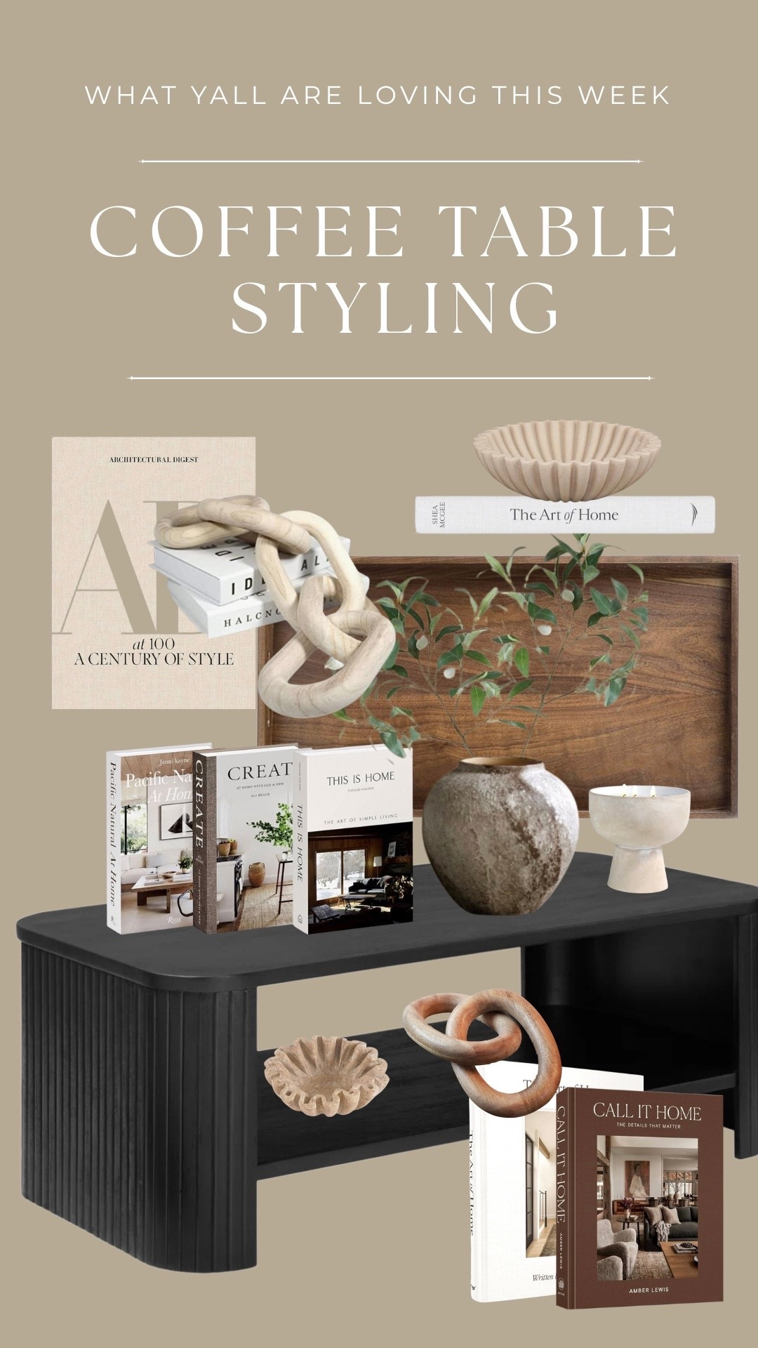 Pick a palette and repeat it: one tone, one texture, one accent—then echo them through your books, trays, and decor. That repetition is what makes a table feel layered, intentional, and cohesive (not cluttered).

•
•
•
Coffee table styling decor ideas, black coffee table decor, modern neutral home, winter spring living room, entryway styling, shelf styling, terracotta vase, pottery barn dupes lookalikes, wooden trays, books, 

#LTKHome