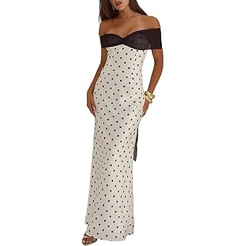 Women Polka Dot Satin Maxi Dress Off Shoulder Tie Back Long Tube Dress Elegant Silk Dresses Cockt... | Amazon (US)