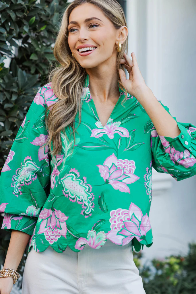 Sunlit Petals Green Floral Blouse | The Mint Julep Boutique