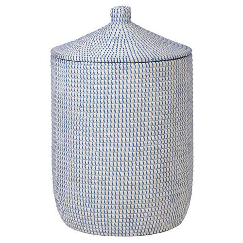 Pigeon and Poodle Roslyn Navy Woven Whitewashed Seagrass Tall Floor Basket | Kathy Kuo Home