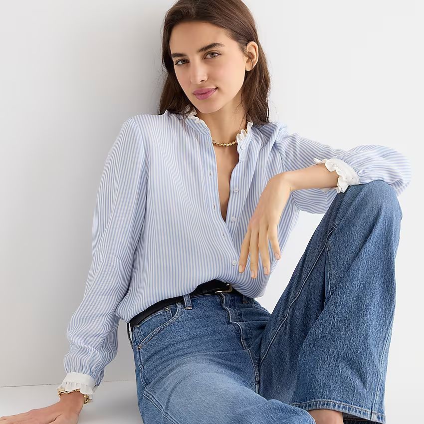 Drapey cupro-blend ruffle-trim shirt in stripe | J.Crew US