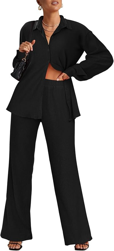 Ekouaer Lounge Set for Women 2 Piece Outfits Button Down Long Sleeve Pajamas Loungewear with Pock... | Amazon (US)