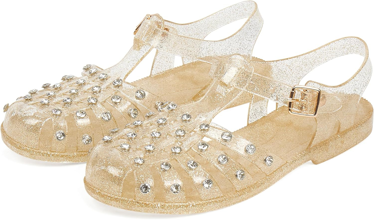 Jelly Sandals for Women Jelly Fisherman Sandals Rhinestone Adjustable Buckle Flat Caged Jelly Shoes for Summer Beach Party Cute Fashion Casual | Amazon (US)