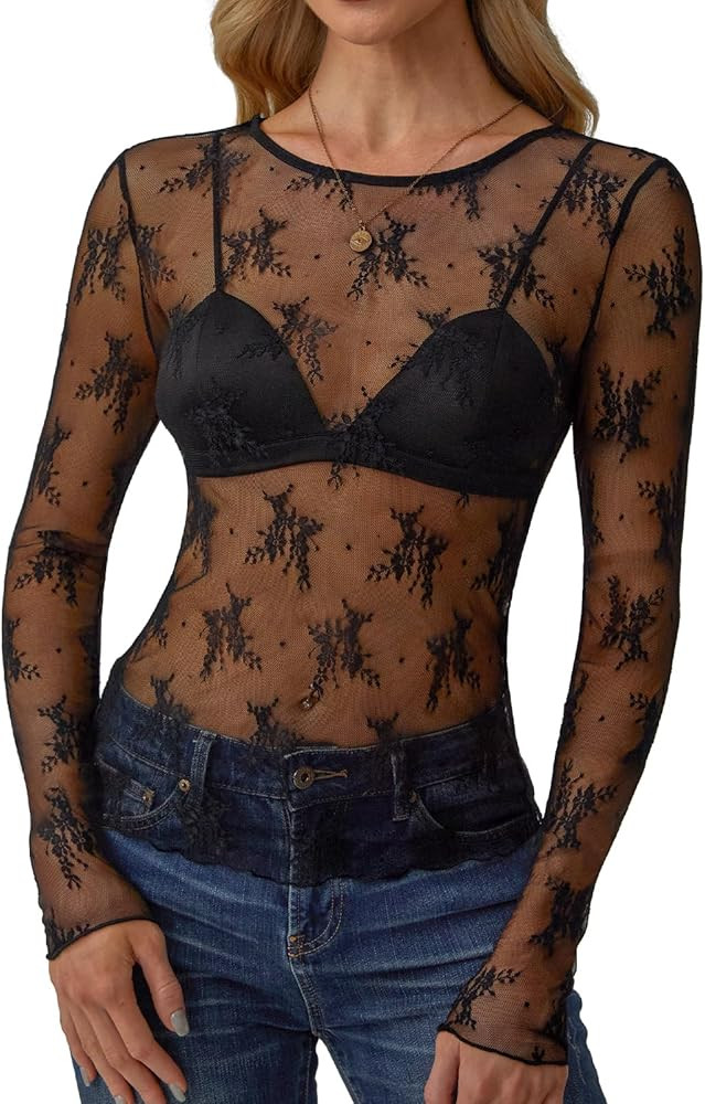 Womens Mesh Long Sleeve Tops Crew Neck Sexy See Through Tee Shirts Party Club Night Lace Blouse | Amazon (US)
