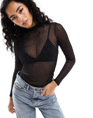New Look long sleeve sparkle mesh top in black | ASOS (Global)