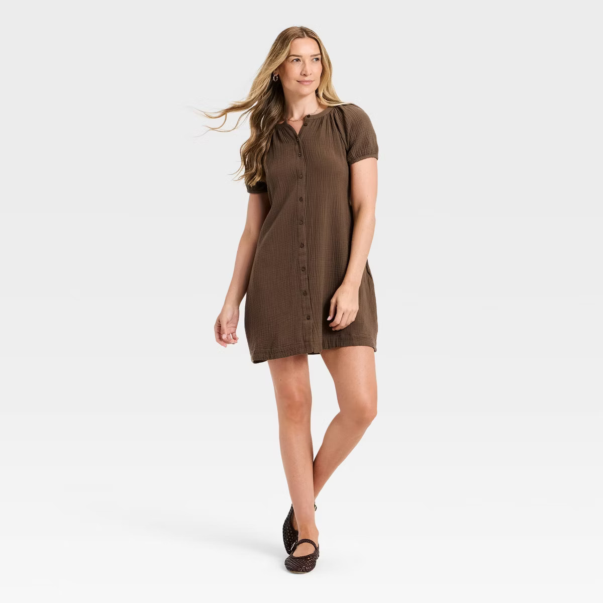 Women's Puff Short Sleeve Button-Down Mini A-Line Sundress - Universal Thread™ | Target