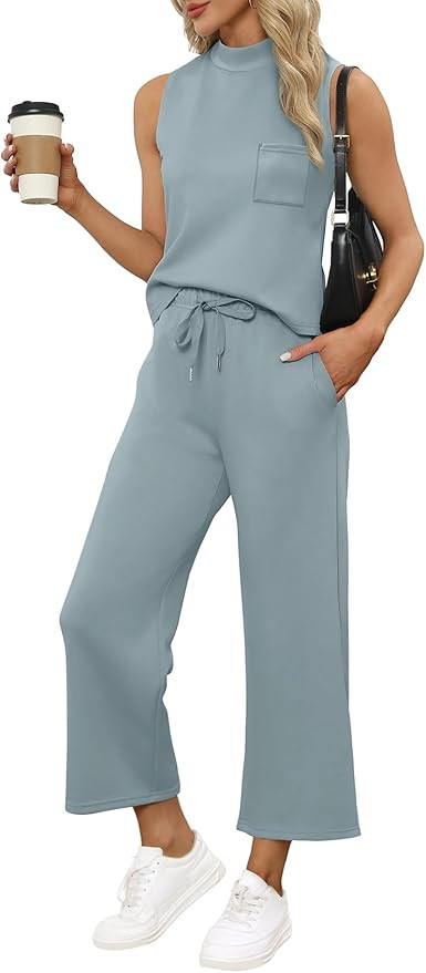 WIHOLL 2 Piece Sets for Women Summer Travel Vacation Outfits Casual Mock Neck Wide Leg Crop Pants... | Amazon (US)