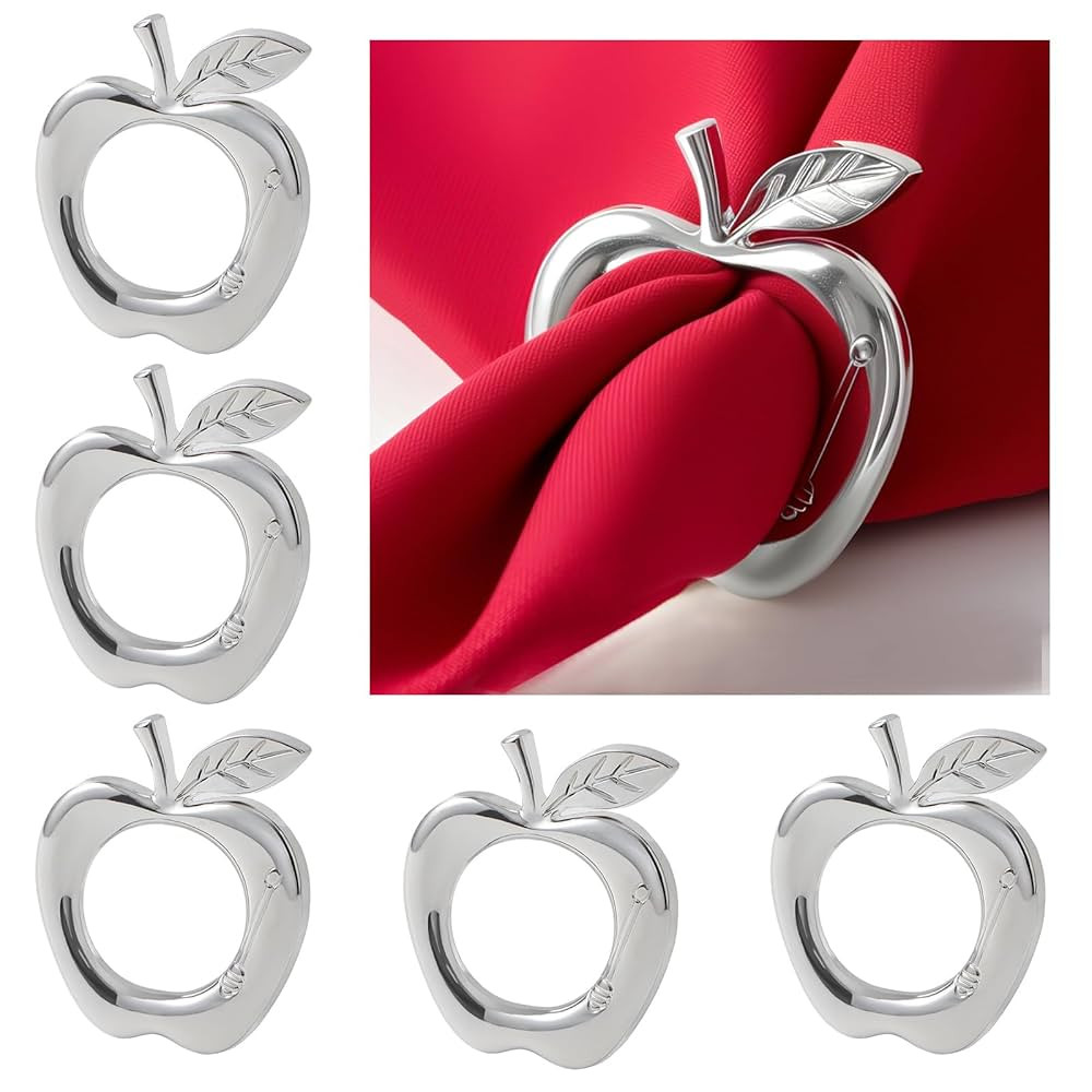 Silver Apple Napkin Rings Set of 6 - Fall Thanksgiving Napkin Holder, Rosh Hashanah Napkin Rings ... | Amazon (US)