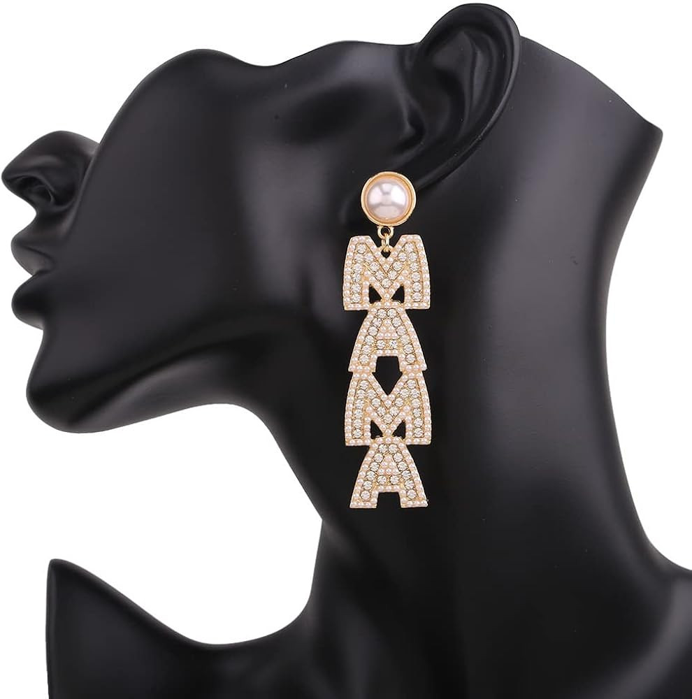 Handmade Long Pearl MAMA Letter Drop Dangle Earrings Beaded Rhinestone Mom Pearl Stud for Women Girls Statement Jewelry Mother’s Day Gifts | Amazon (US)