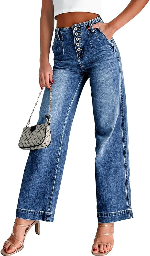 Sidefeel Women's Wide Leg Jeans High Waisted Button Fly Stretchy Straight Legs Denim Pants | Amazon (US)