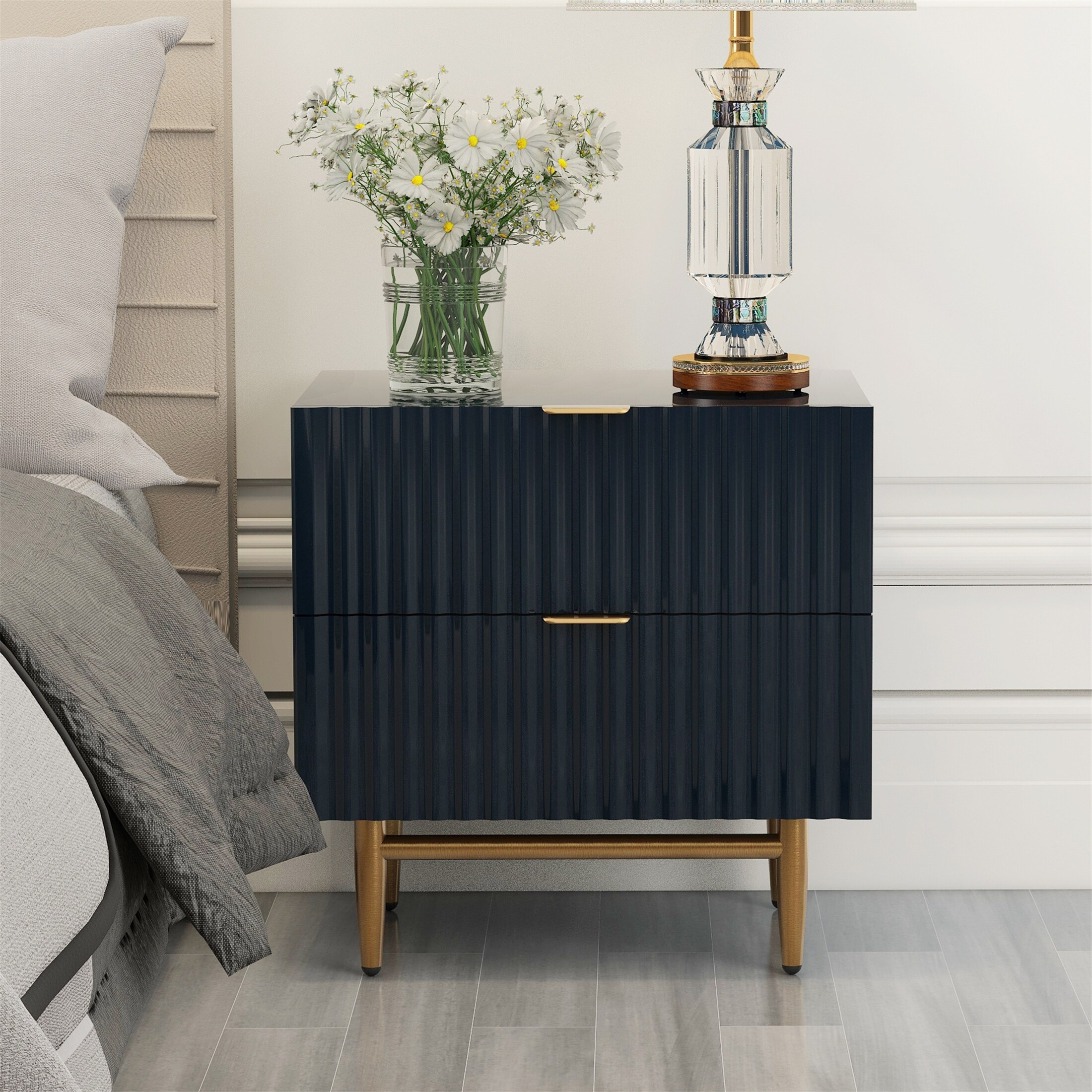 Black Nightstand with 2 Drawers Golden Handle Storage Bedside Table | Bed Bath & Beyond
