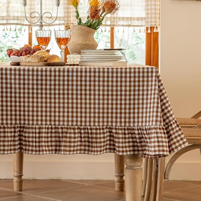 Coffee Plaid Ruffled Table Cover Linen Rectangle Gingham Tablecloth Classic Farmhouse Vintage Che... | Amazon (US)